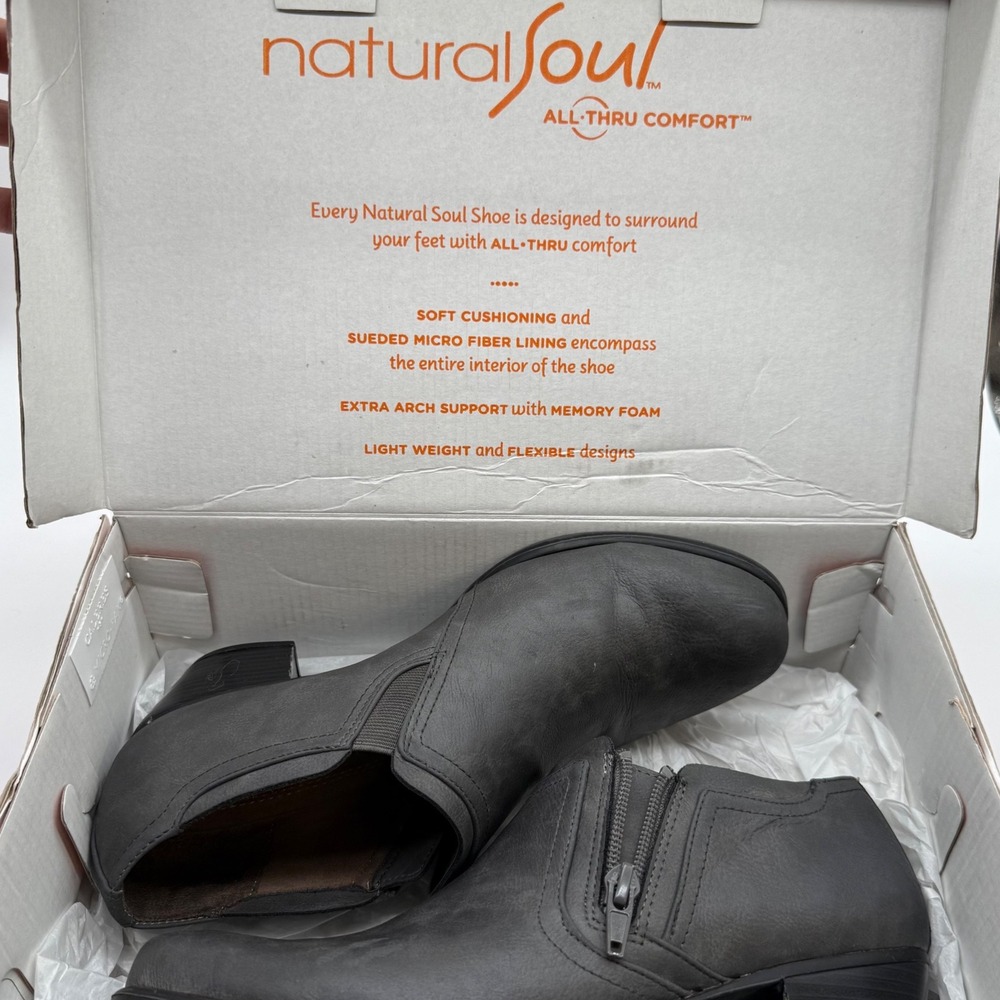 Natural Soul 8.5 boot All-Thru Comfort Gray Ankle Booties Side Zip Block Heel